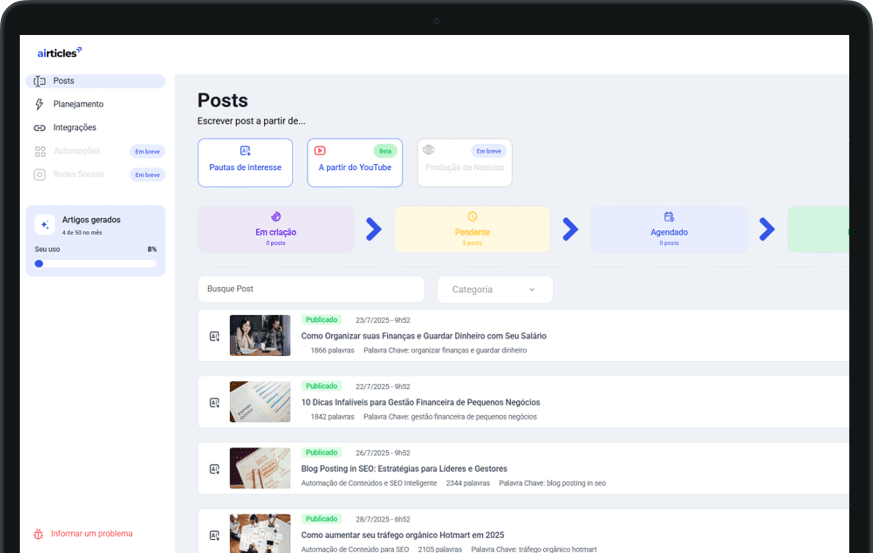 The AIrticles dashboard, listing generated articles and their publishing status