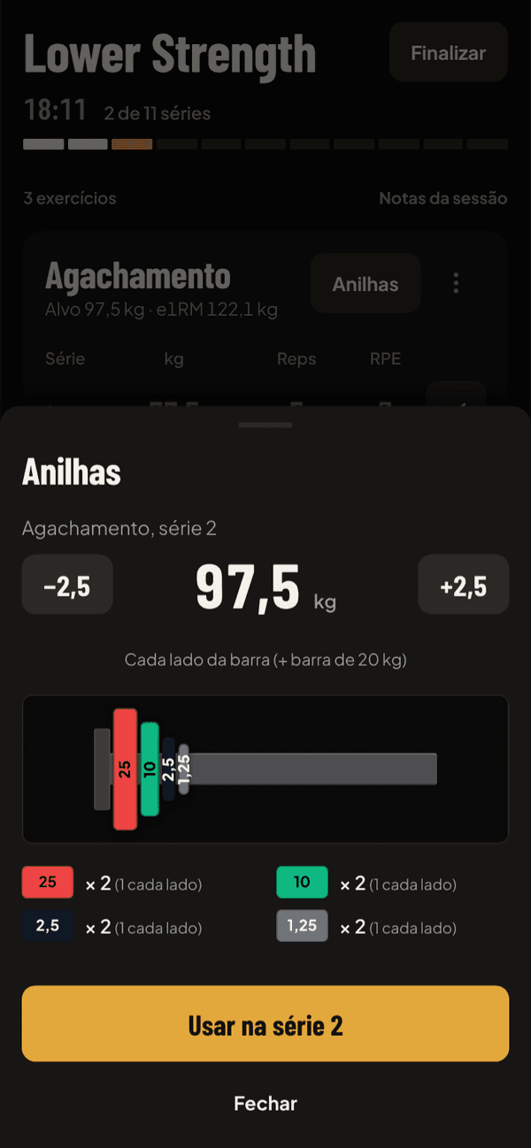 Plate calculator showing which plates go on each side of the bar for 97.5 kg
